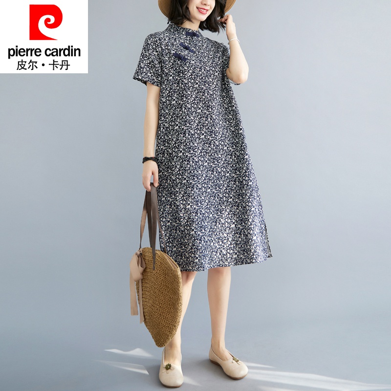 皮尔卡丹品牌高档女装民族风中式盘扣拼接改良旗袍裙女夏季宽松显瘦碎花棉麻连衣裙气质减龄 深蓝色 L【95-120斤】怎么看?