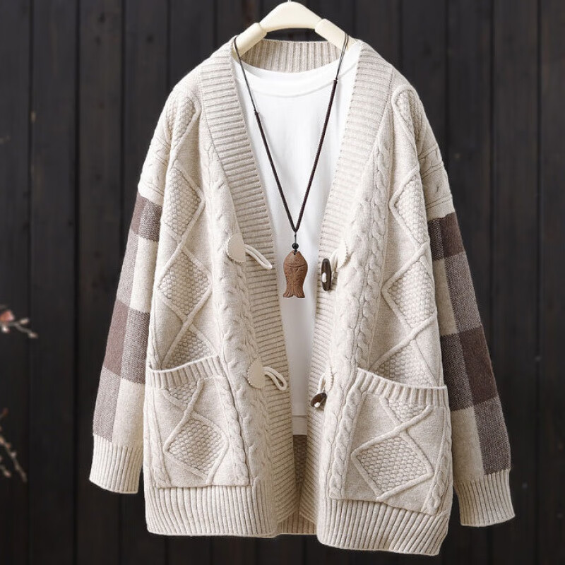 顾夕岑v领拼色开衫女牛角扣毛衣外套春秋季宽松显瘦口袋外搭针织衫 米