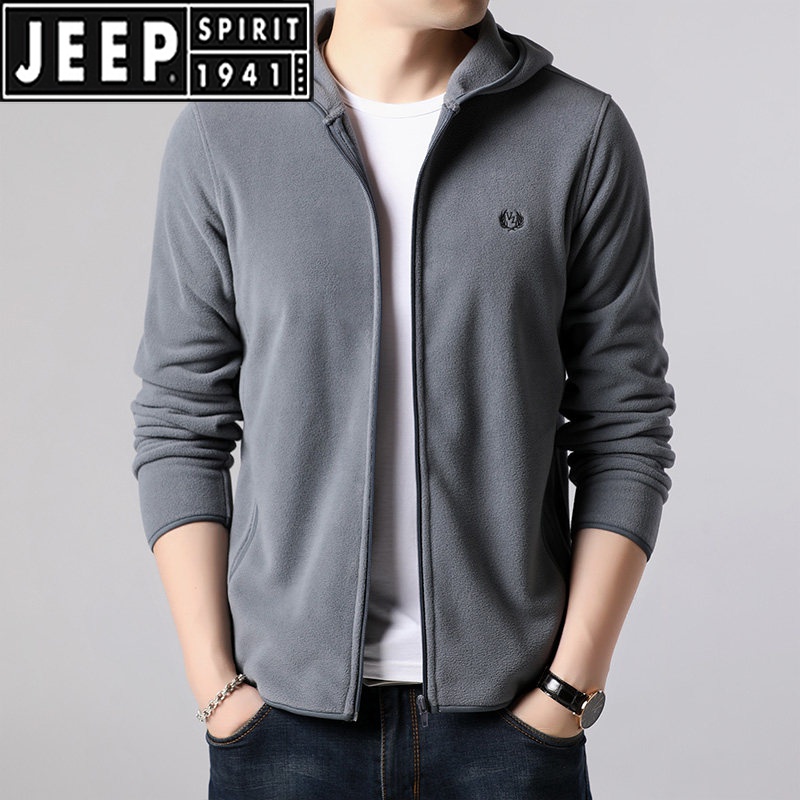 jeep吉普品牌男装 春秋卫衣男装摇粒绒外穿上衣连帽纯色男士开衫运动
