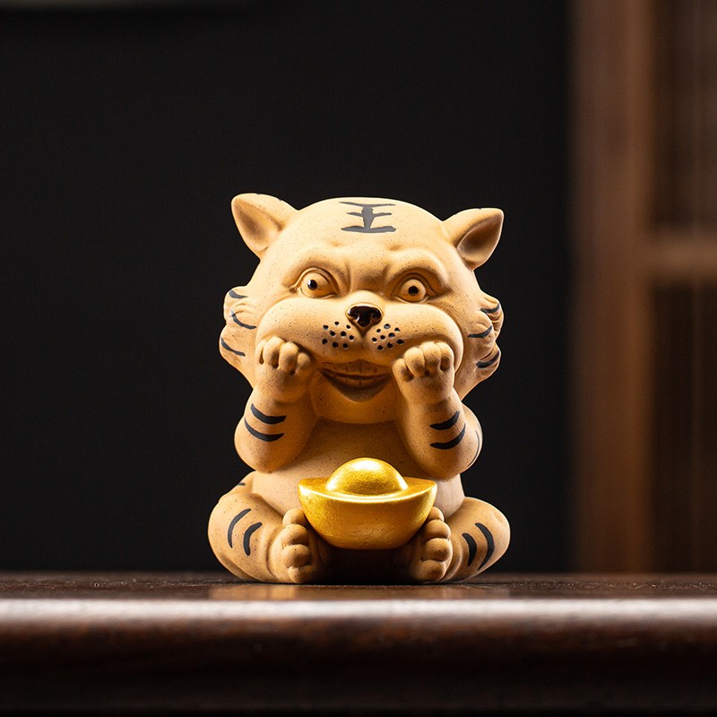三不萌虎摆件手工可养励志生肖老虎茶玩茶艺茶配 yy-萌虎发财黄泥