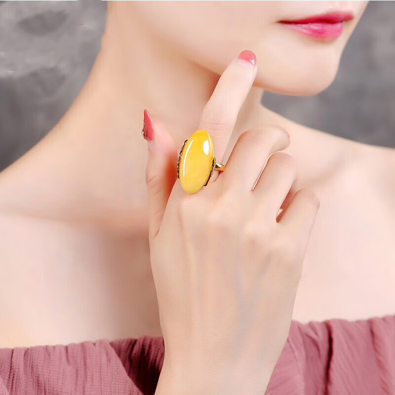 歌盼 蜜蜡戒指 女款925银镀金镶嵌天然琥珀老蜜黄蜜戒指指环手饰