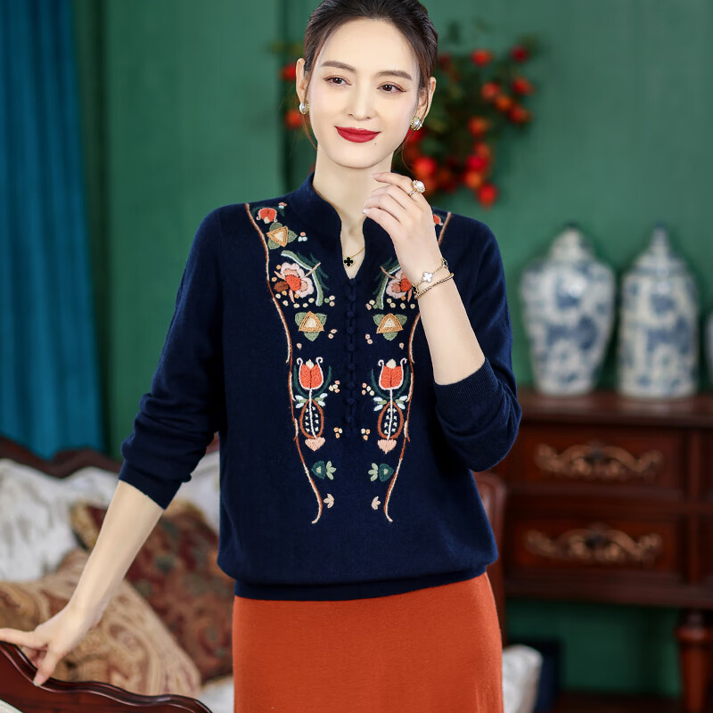 素丝五祁（SUSIWUQI）半开领民族风精绣山羊绒 气质百分百羊绒针织上衣 优雅 SY3853 藏青色 XL
