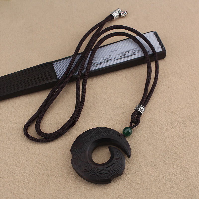复古木吊坠长款项链 简约百搭男女毛衣链配饰 时来运转龙勾 檀木项链