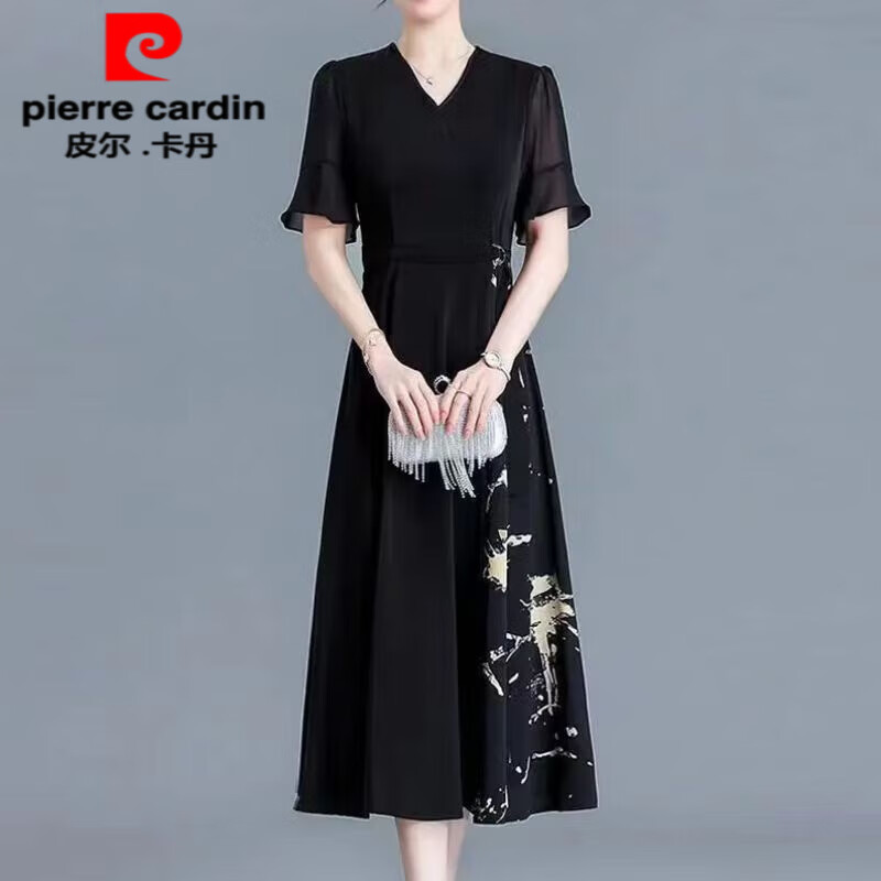 皮尔卡丹品牌女装 夏季短袖雪纺连衣裙女士新款中拼接气质显瘦中长裙 黑色(高品质) XL 建议105斤以内