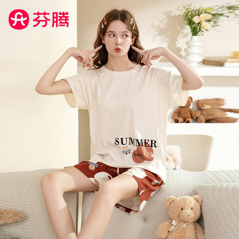 芬腾 情侣纯棉睡衣女2023年夏季新款休闲时尚透气家居服男士睡衣套装 焦糖（女） L使用感如何?