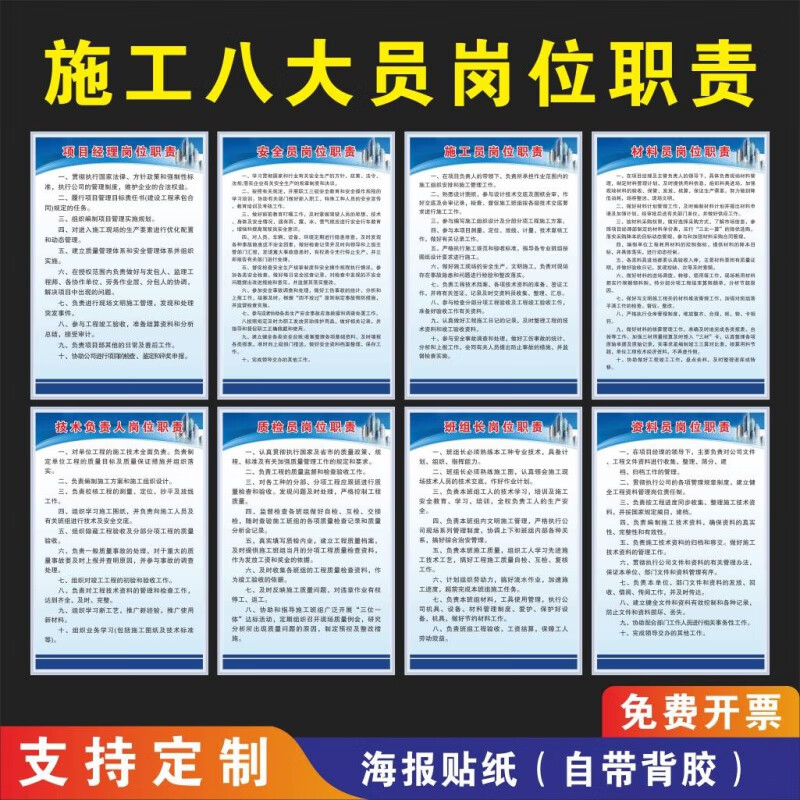 图安全员岗位职责文明施工消防保卫牌牌 八大员职责(一套8张)海报贴画