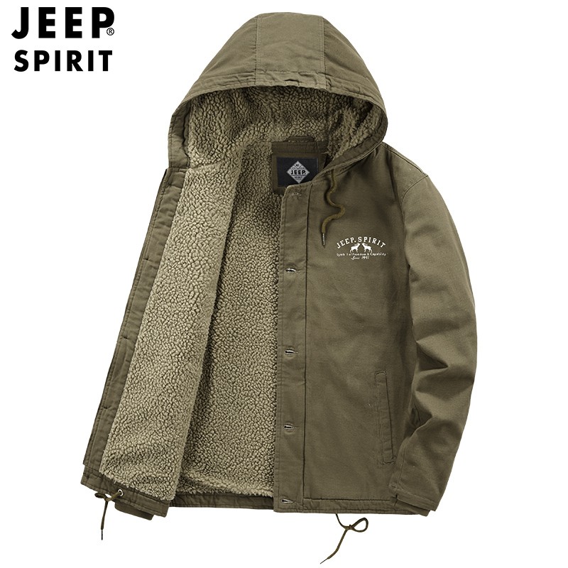jeep吉普棉衣男士秋冬户外休闲纯棉加绒加厚保暖宽松连帽棉服外套潮
