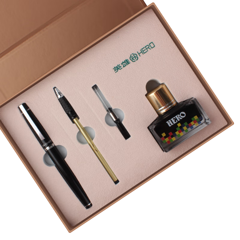 英雄（HERO）钢笔  礼盒 2060（F 宝珠）男女铱金商务办公墨水套装 黑色