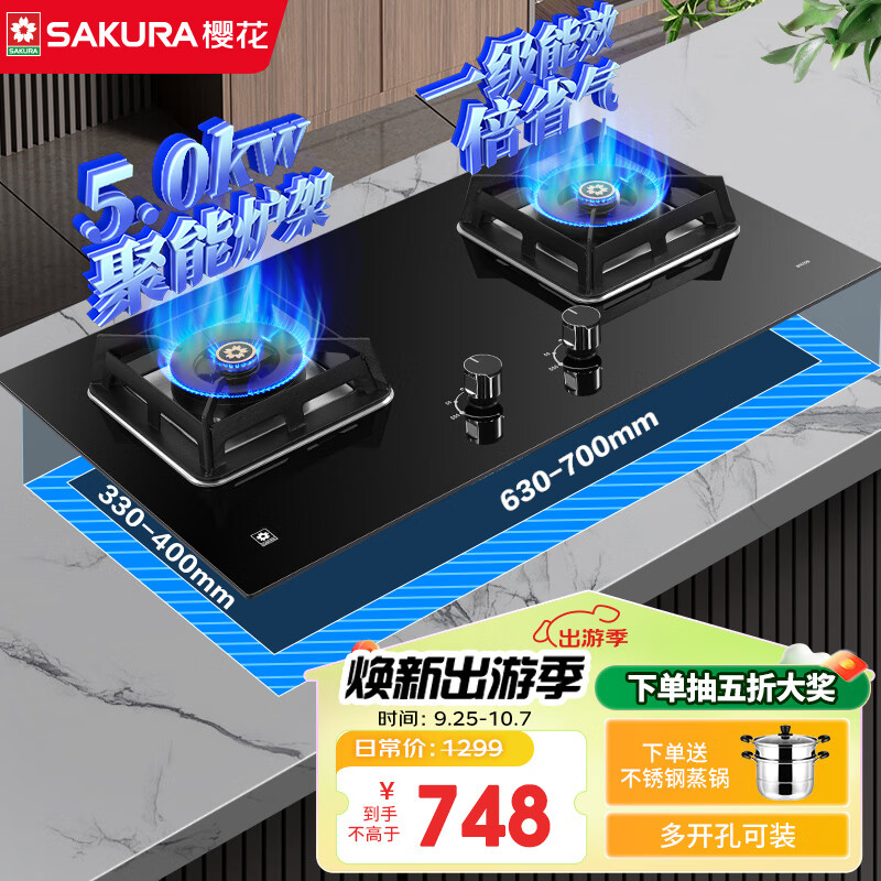樱花（SAKURA）燃气灶天然气灶煤气灶双灶液化气灶具猛火炉灶台式嵌入式两用5.0KW大火力一级能效 【液化气】B9209大面板多种开孔尺寸