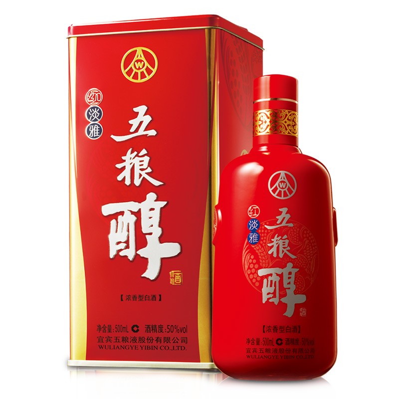 五粮液股份 五粮醇红淡雅铁盒浓香型白酒50度500mL*6瓶整箱原箱