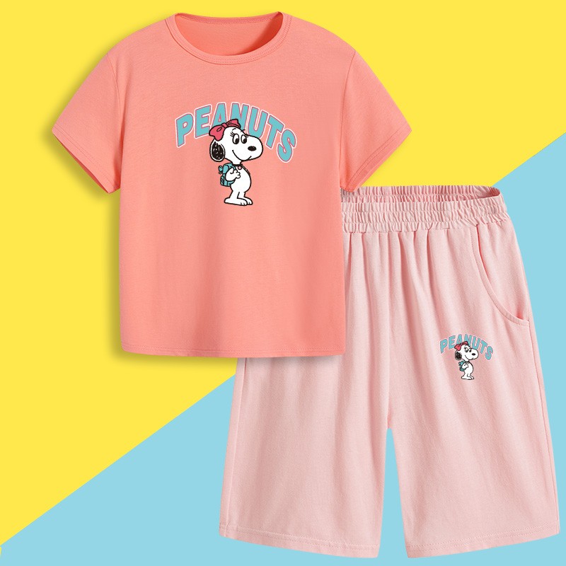 史努比2021夏季女童短袖T恤防蚊裤两件套署期出游套装 短裤粉色上学+T粉色上学 120