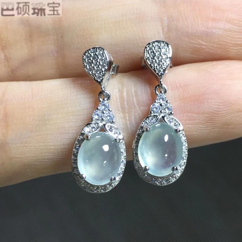 誉尚荣 缅甸s925银镶嵌翡翠耳饰女款耳钉 白冰蛋面冰透天然冰种玉石