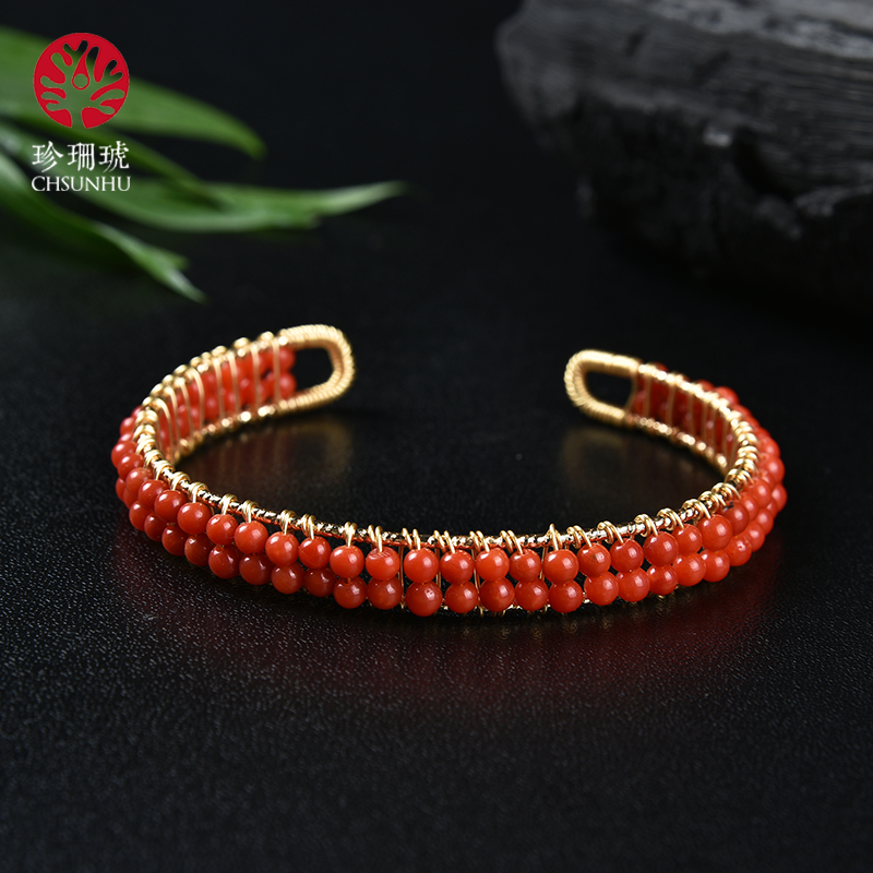 珍珊琥红色珊瑚手镯 镶嵌沙丁镀金时尚潮流款双编织款珠宝