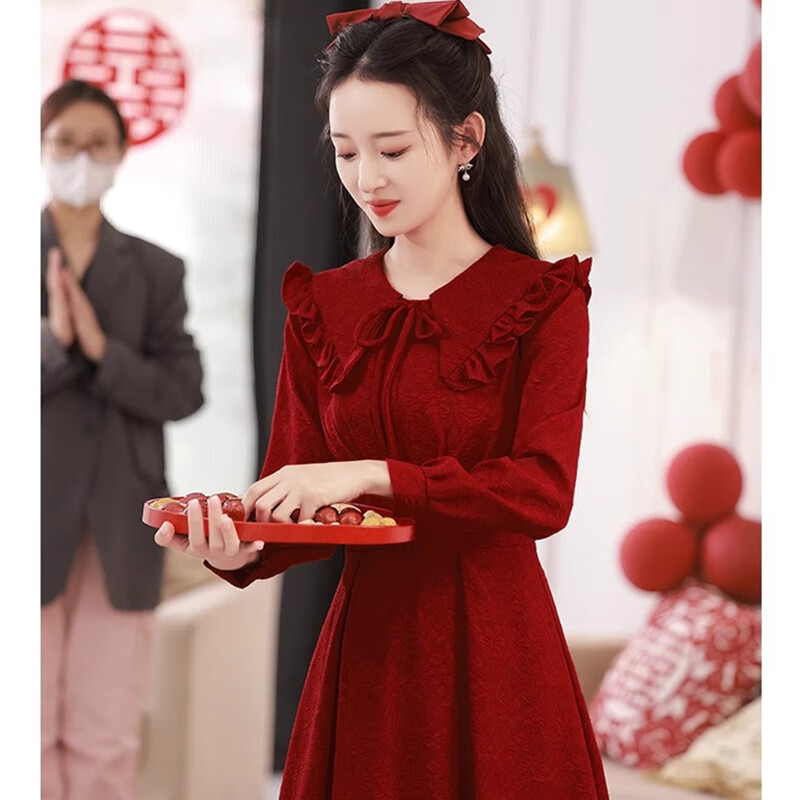橦华敬酒服新娘胖mm高级感大码胖mm敬酒服新娘感酒红色长袖翻领订婚礼 酒红色 3XL 【建议160-180斤】使用感如何?