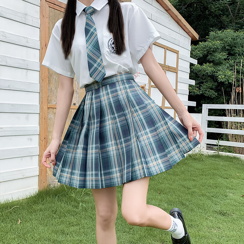 【不死川】JK制服2022夏季新款冰吉羽jk格裙百褶裙女学生日系校服短裙格子裙半身裙学院风少女套装 森林来信(衬衫+半身裙+蝴蝶结领结) M（下单请备注长袖或短袖）