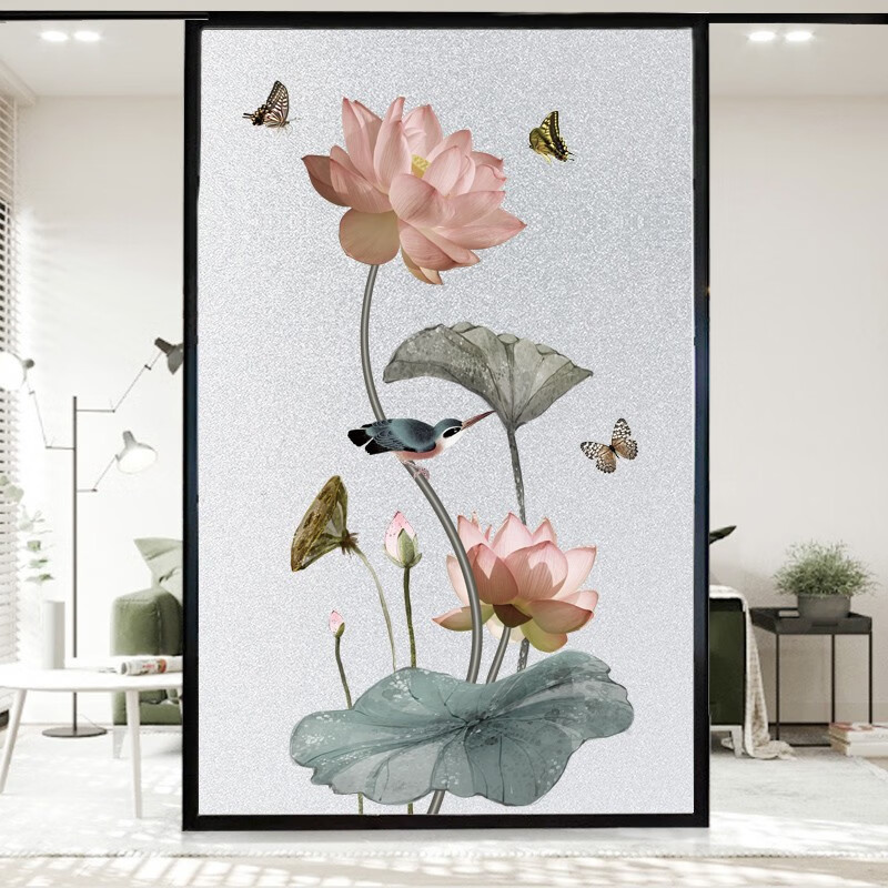 中国风窗户玻璃贴纸防走光透光不透明磨砂浴室防窥视花朵 蝴蝶荷花 30