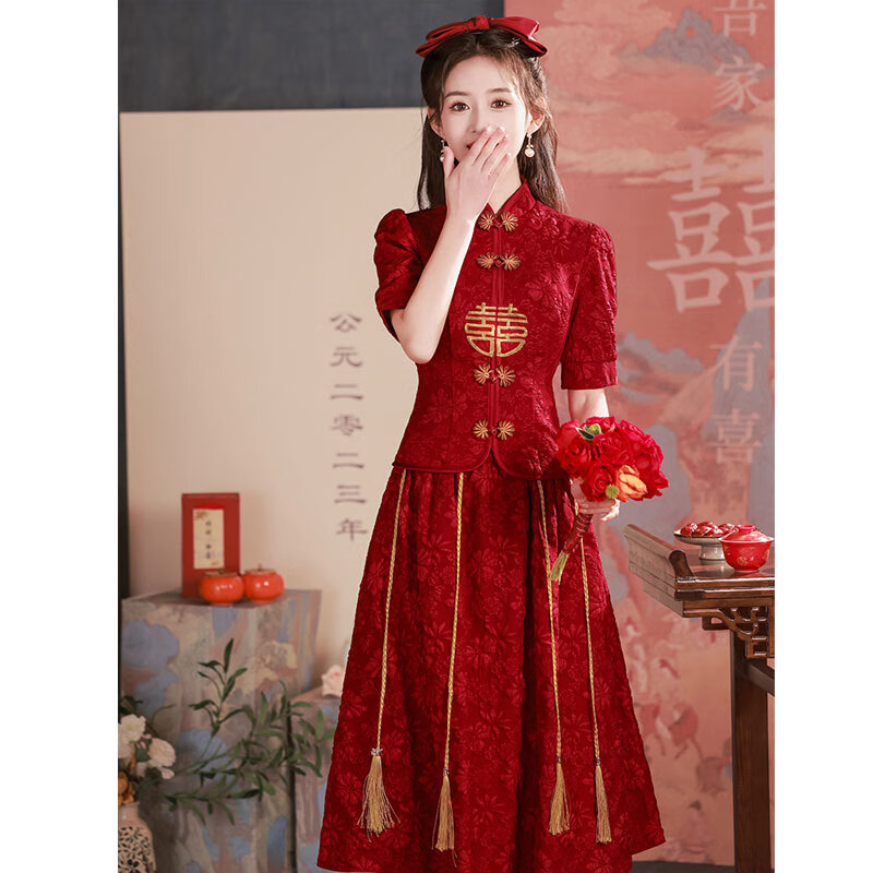 塞德勒（SAIDELE）新中式敬酒服新娘酒紅色旗袍改良簡(jiǎn)約秀禾服中袖結婚服訂婚連衣裙 酒紅色 M (建議96-105斤)