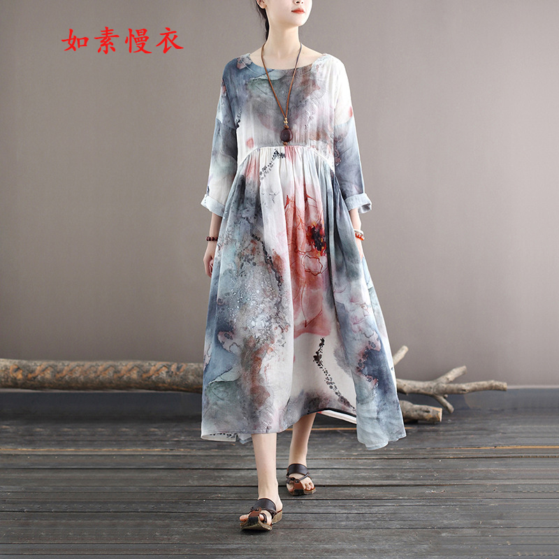 如素慢衣新款苎麻复古水墨印花中国风宽松大摆裙连衣裙女28039 水墨