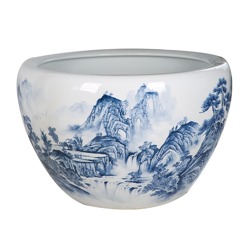 红得发紫 景德镇陶瓷大缸大型鱼缸手绘青花山水缸睡莲荷花盆特大号