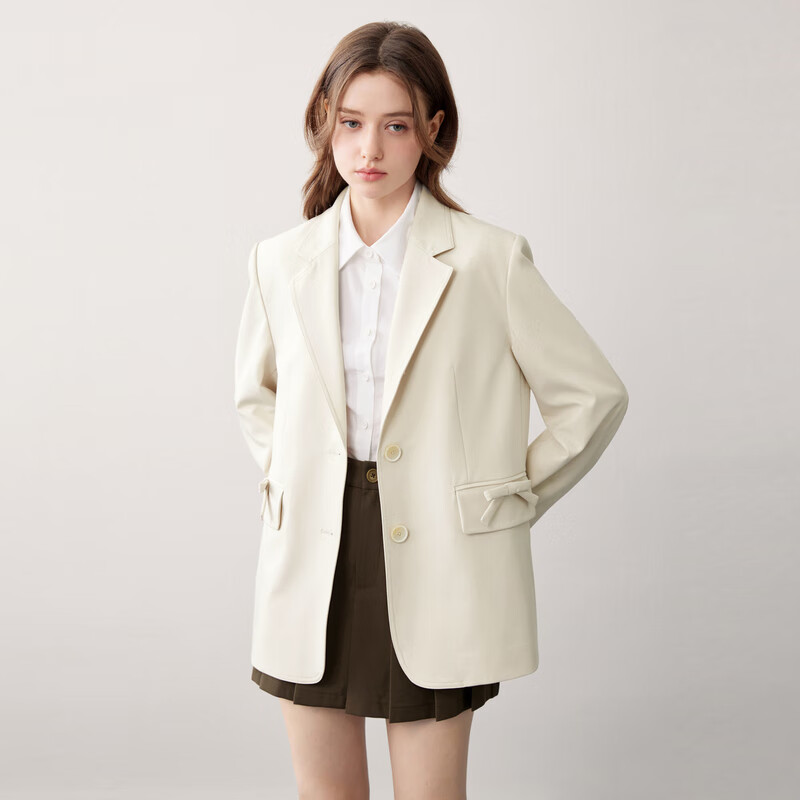 乐町韩系学院风秋季新款口袋蝴蝶结设计感休闲宽松西装外套 米白(现货) XS