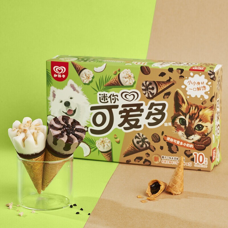 和路雪 迷你可爱多甜筒萨摩椰椰子+小奶豹布朗尼咖啡冰淇淋 20g*10支
