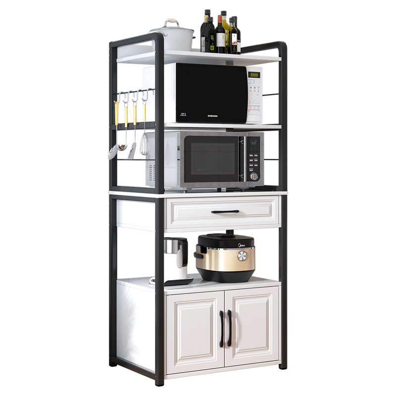 厨房置物架落地多层带门抽屉微波炉烤箱收纳柜橱柜储物柜家用放碗锅具多功能架子置物柜 暖白色＋白架 63*40*80cm 两层 支持