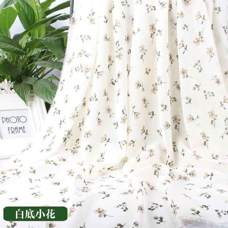 雪纺印花布料裙子碎花面料小清新夏季连衣裙垂感服装布料 白底小花