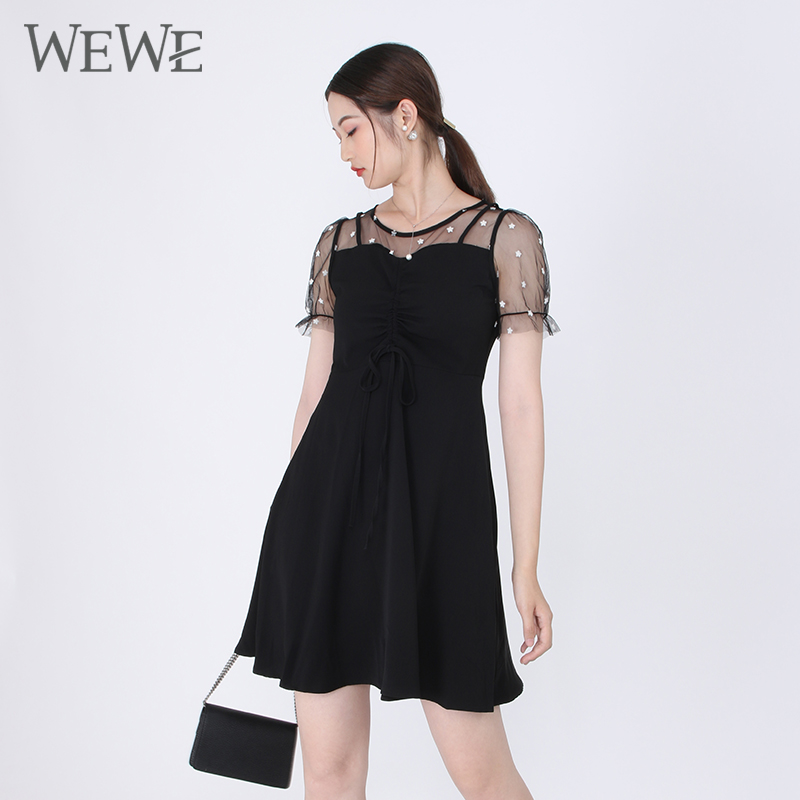 wewe唯唯夏季新款女装温柔优雅收腰网纱拼接修身公主连衣裙 黑色 s