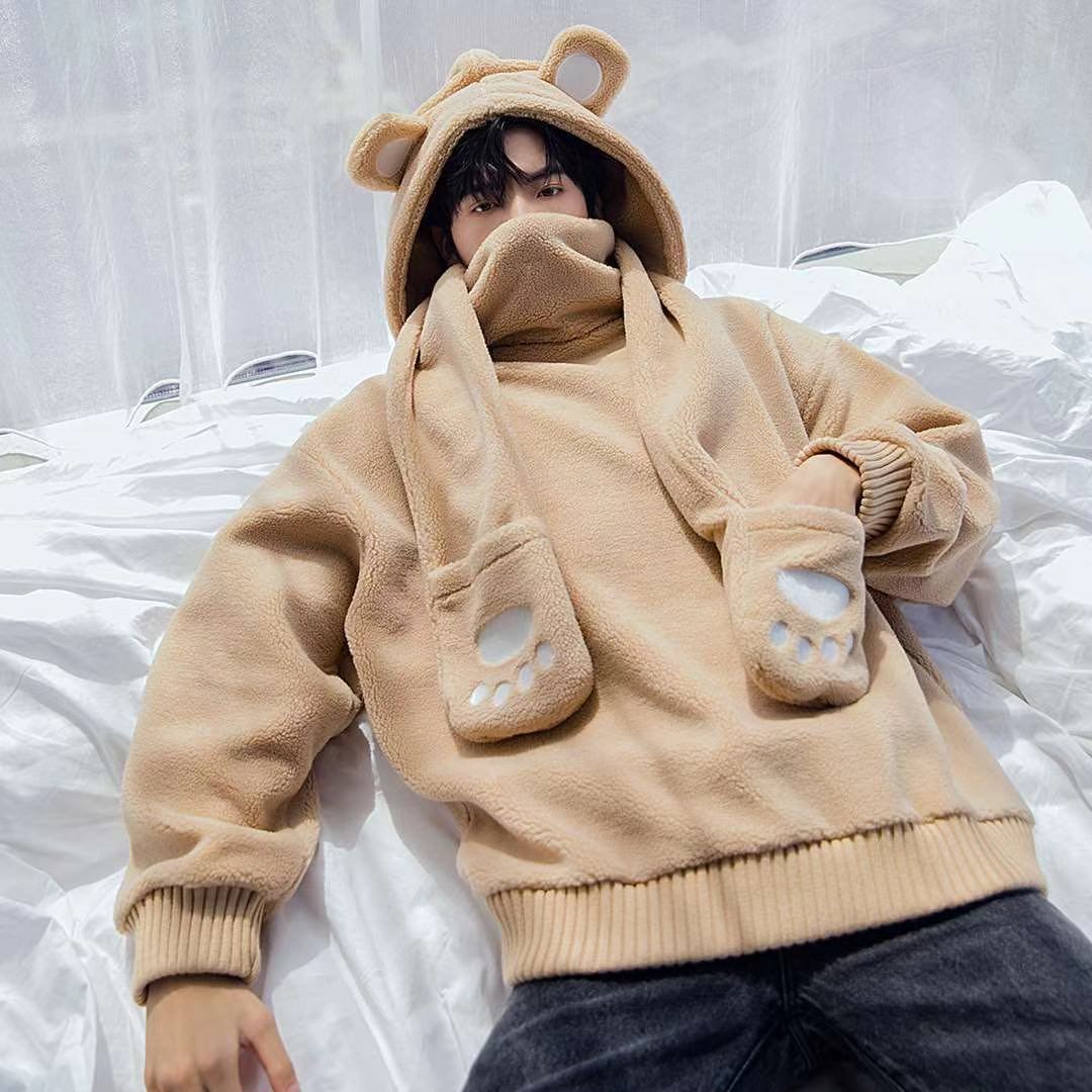 like新款情侣韩版慵懒风可爱熊耳朵上衣男带围巾帽子可拆卸连帽卫衣