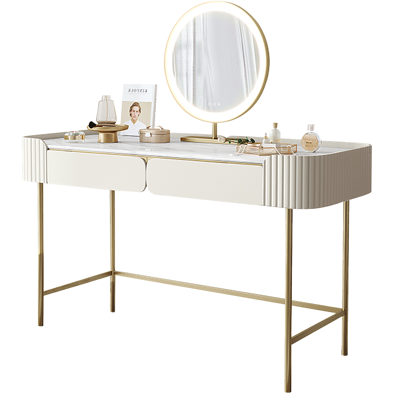 麦纪 轻奢北欧梳妆台卧室现代简约网红ins风收纳一体多功能岩板化妆桌 (1.0m妆台+妆镜+妆凳) 轻奢岩板台面