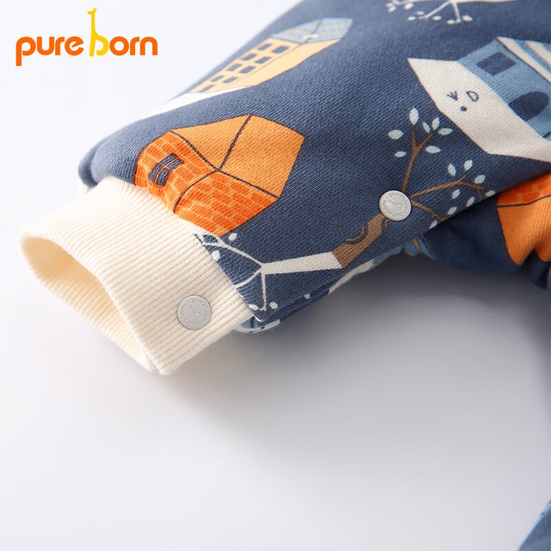 博睿恩男女宝宝连体衣婴儿衣服秋冬季爬服夹棉连帽加厚新生儿外出服 小房子蓝 80cm