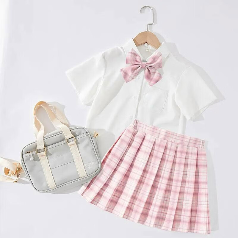 夏装连衣裙2024新款儿童裙子夏季学院风百褶公主裙 jk校园套装-粉红色