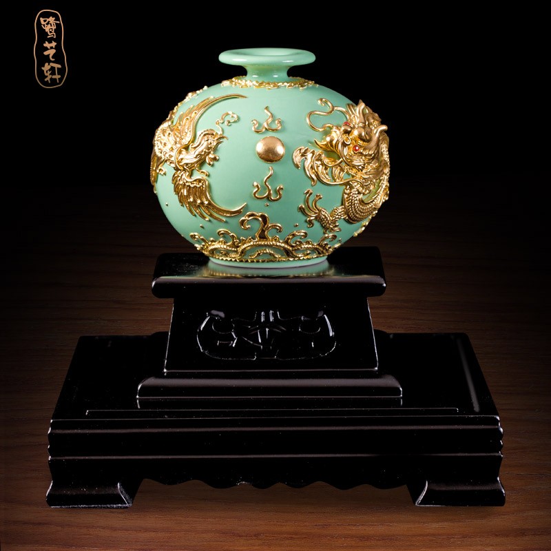 鹭艺轩 龙凤双龙天圆地方绿花瓶厦门漆线雕工艺品客厅办公室摆件手工