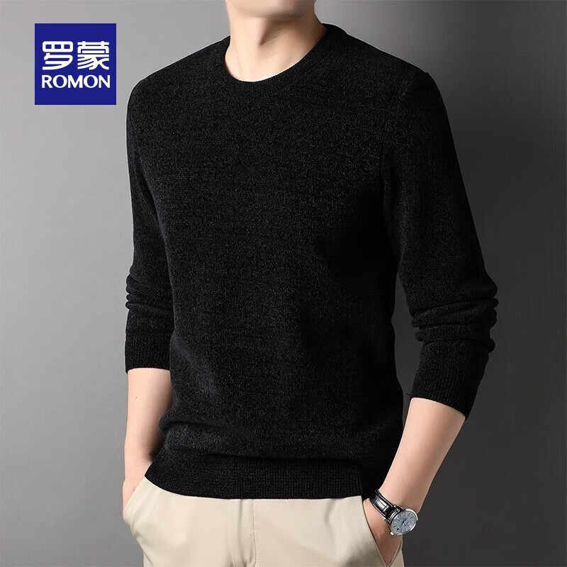 罗蒙雪尼尔圆领加绒加厚针织衫男秋冬款中青年男士休闲打底衫保暖毛线 黑色 3XL (190) 建议170-190斤
