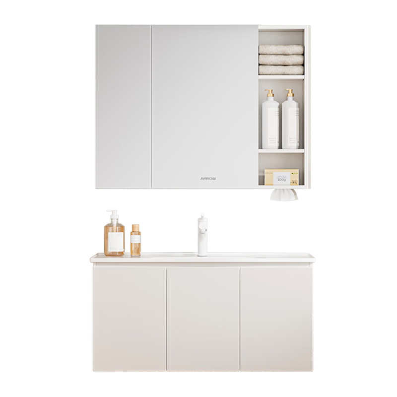 箭牌（ARROW）【煥新補(bǔ)貼】實(shí)木浴室柜組合衛(wèi)生間洗漱臺(tái)洗臉盆柜陶瓷一體盆 [舒芯標(biāo)配]奶白|美妝鏡柜80cm