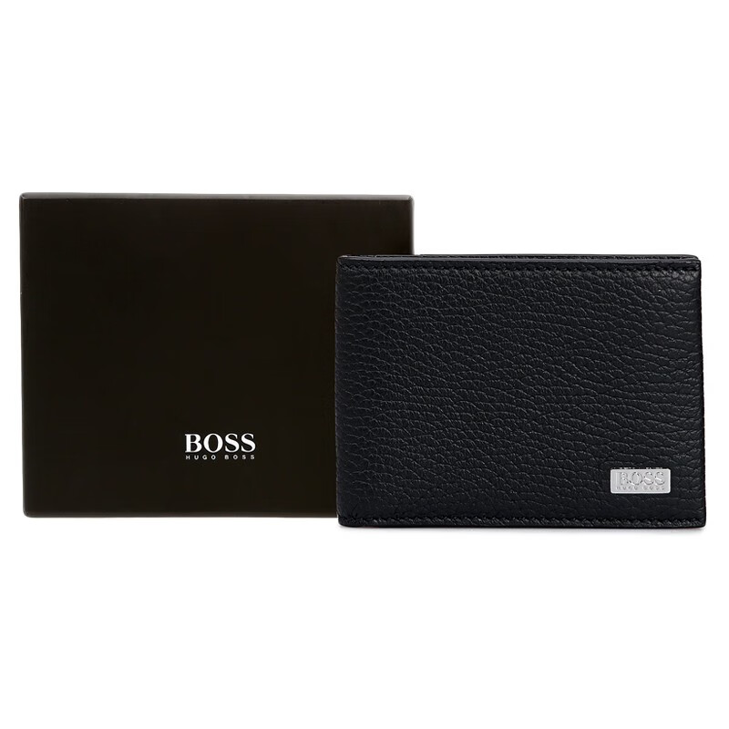 雨果博斯(hugo boss)男士牛皮金属徽标短款钱包钱夹【国际版】