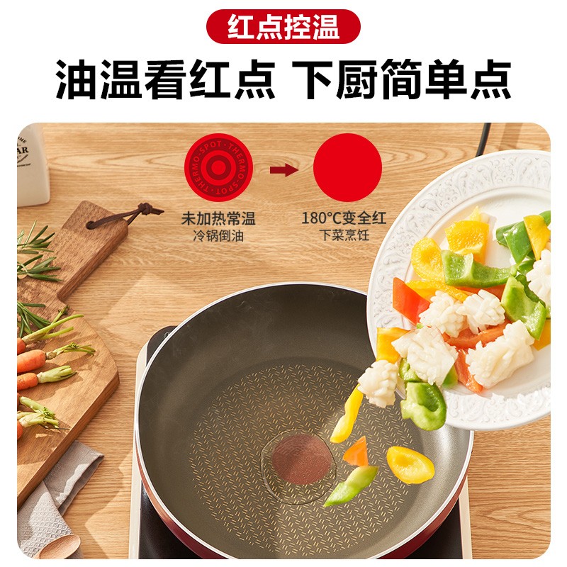 苏泊尔（SUPOR） 平底锅不粘锅 玻璃盖火红点煎锅炒菜锅明火燃气灶磁炉通用牛排锅 28CM 三代红色普通盖聚油底