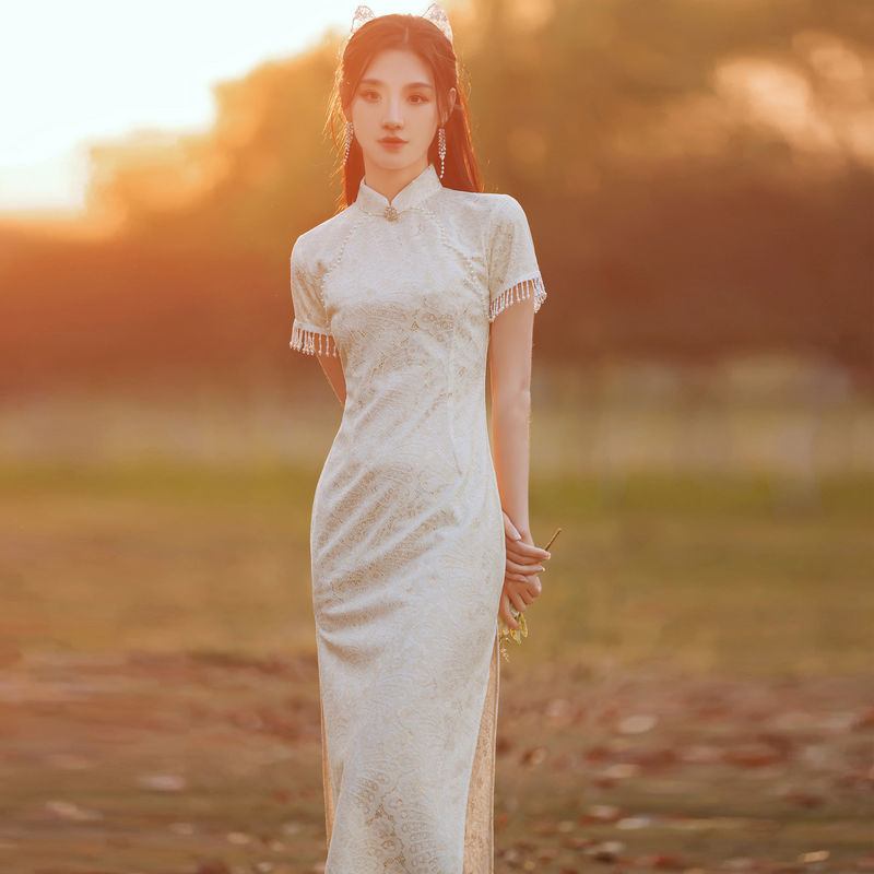 元乐申蕾丝珍珠流苏年轻款旗袍礼服少女民国名媛气质改良日常连衣裙夏