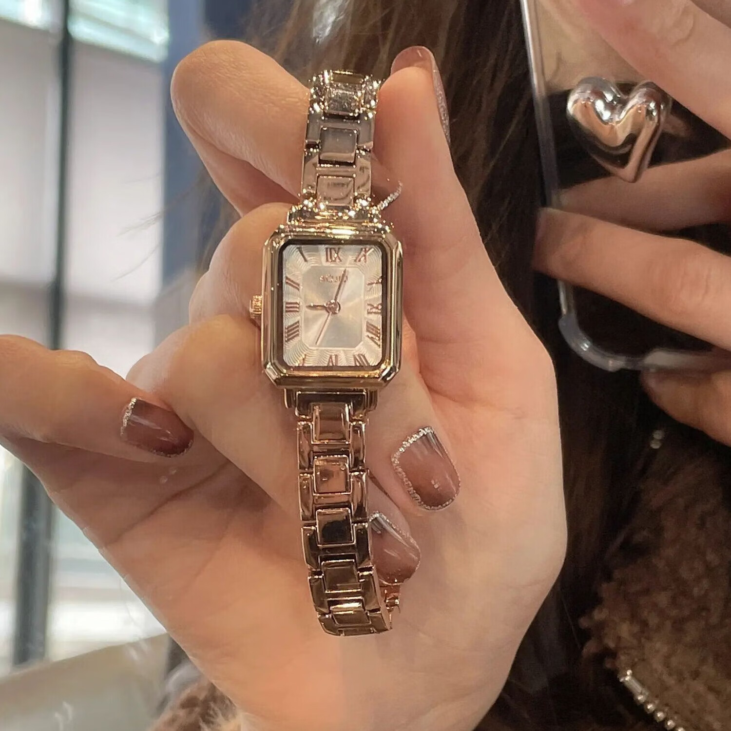 方糖手表女2026新款轻奢小众高级感机械风格名牌正品石英女表礼物 玫金色