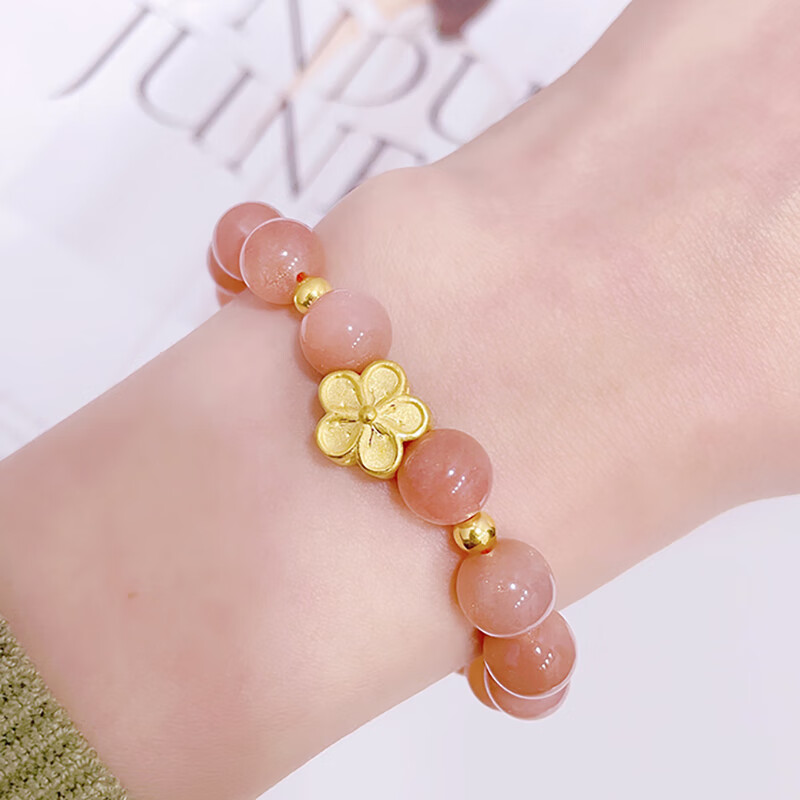 太阳石手串999硬金小桃花福牌手链送女友生日礼物 小桃花2粒金珠 约0.