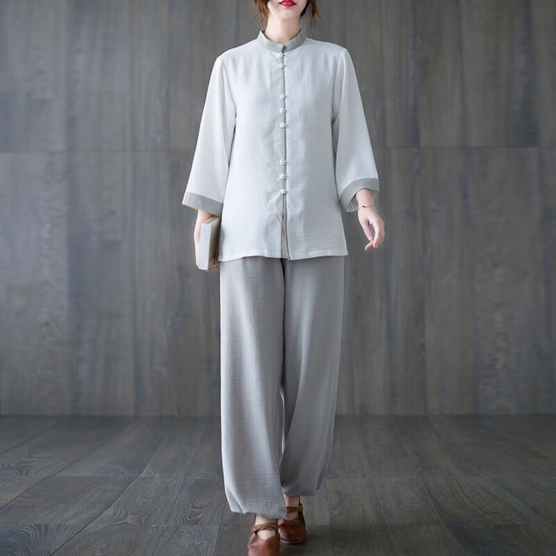 太極服女春夏中國風(fēng)復(fù)古棉麻中式唐裝上衣表演太極練功服茶藝服套裝男女 白色上衣+灰色褲子 2XL 建議135~150斤