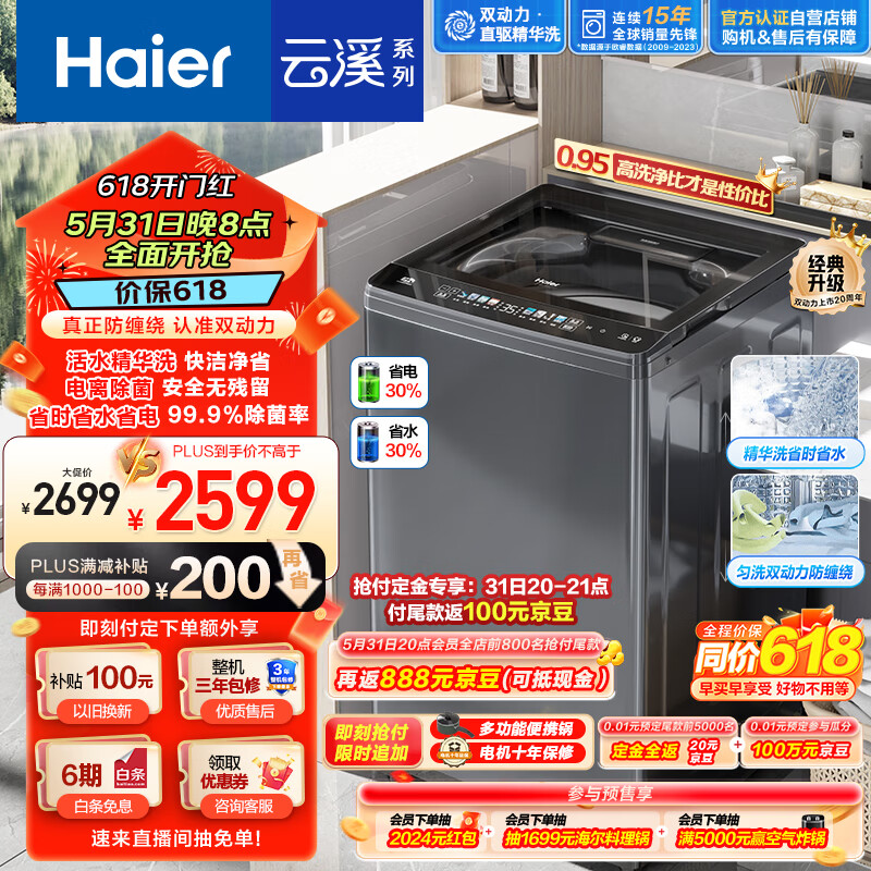海尔（Haier）云溪波轮洗衣机全自动家用 10公斤 变频一级能效 精华洗 双动力防缠绕 以旧换新ES100B37Mate6