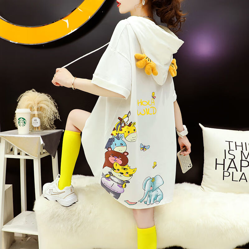 璀典衣服女夏天的肥胖女生大码显瘦连帽短袖t恤女卡通可爱新款韩版宽