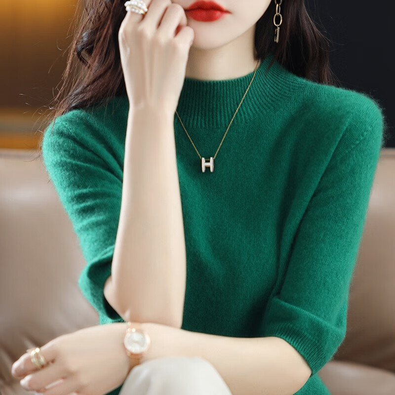 怡曼芙针织衫女五分袖春夏半高圆领中袖针织毛衣女薄款内搭打底衫上衣女 绿色 均码 -建议90-140斤