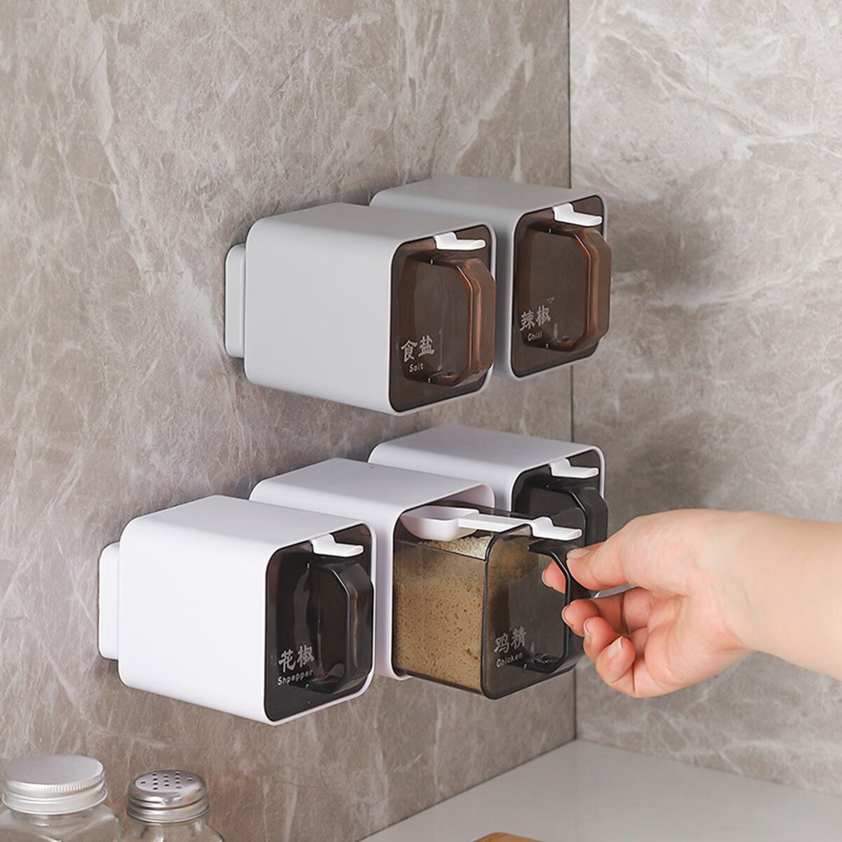 创建厨房旋转调料盒组合套装壁挂式调料瓶收纳盒置物架免打孔 （旋转式）灰色4格