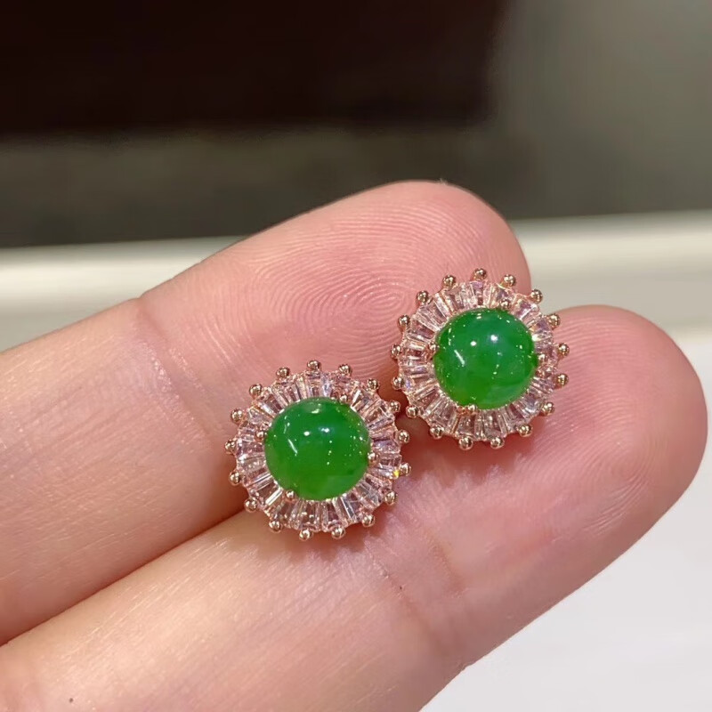 玉旺轩 翡翠耳钉缅甸耳饰女款冰种玉耳环925银镀金镶嵌满阳绿蛋面