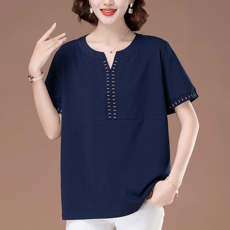 meiqi)大码短袖t恤女胖妈妈休闲百搭v领上衣中女士加肥加大半袖体恤衫