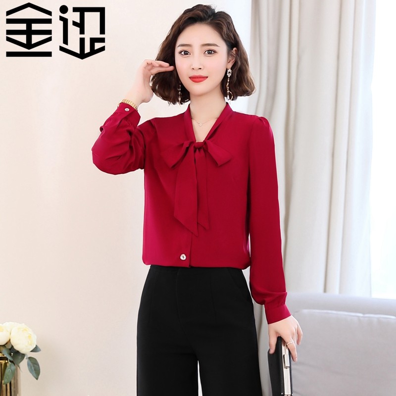 真丝上衣蝴蝶结时尚纯色桑蚕丝ol女装气质显瘦 酒红色 m