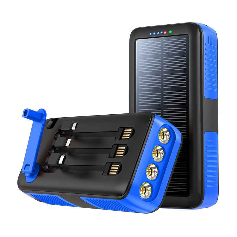 PSOOO 手搖發(fā)電太陽能充電寶30000毫安雙向快充自帶線大容量戶外多功能露營燈應(yīng)急移動電源手機通用 藍色 手搖發(fā)電+太陽能蓄電+電充