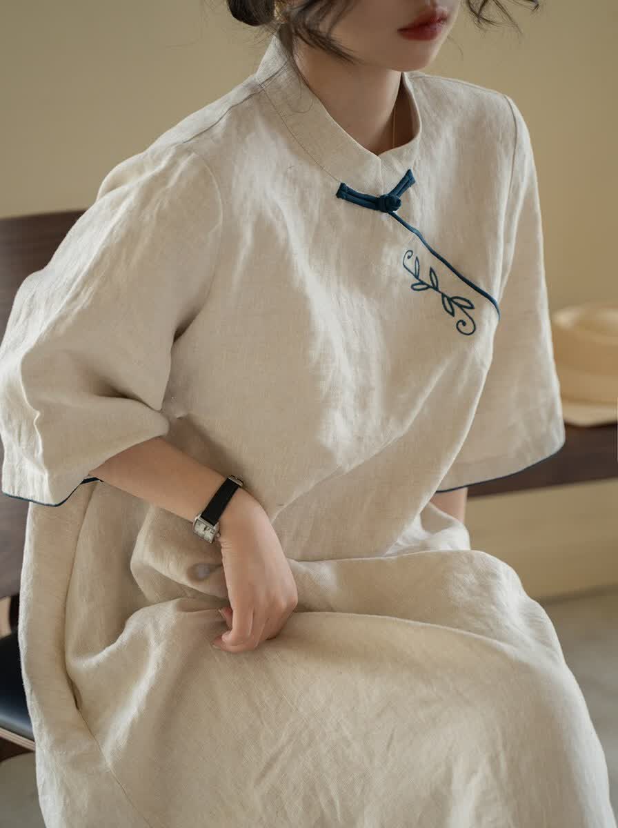 新中式改良旗袍棉麻亚麻连衣裙胖mm大码茶服长袍中国风 图片色 杏色 s